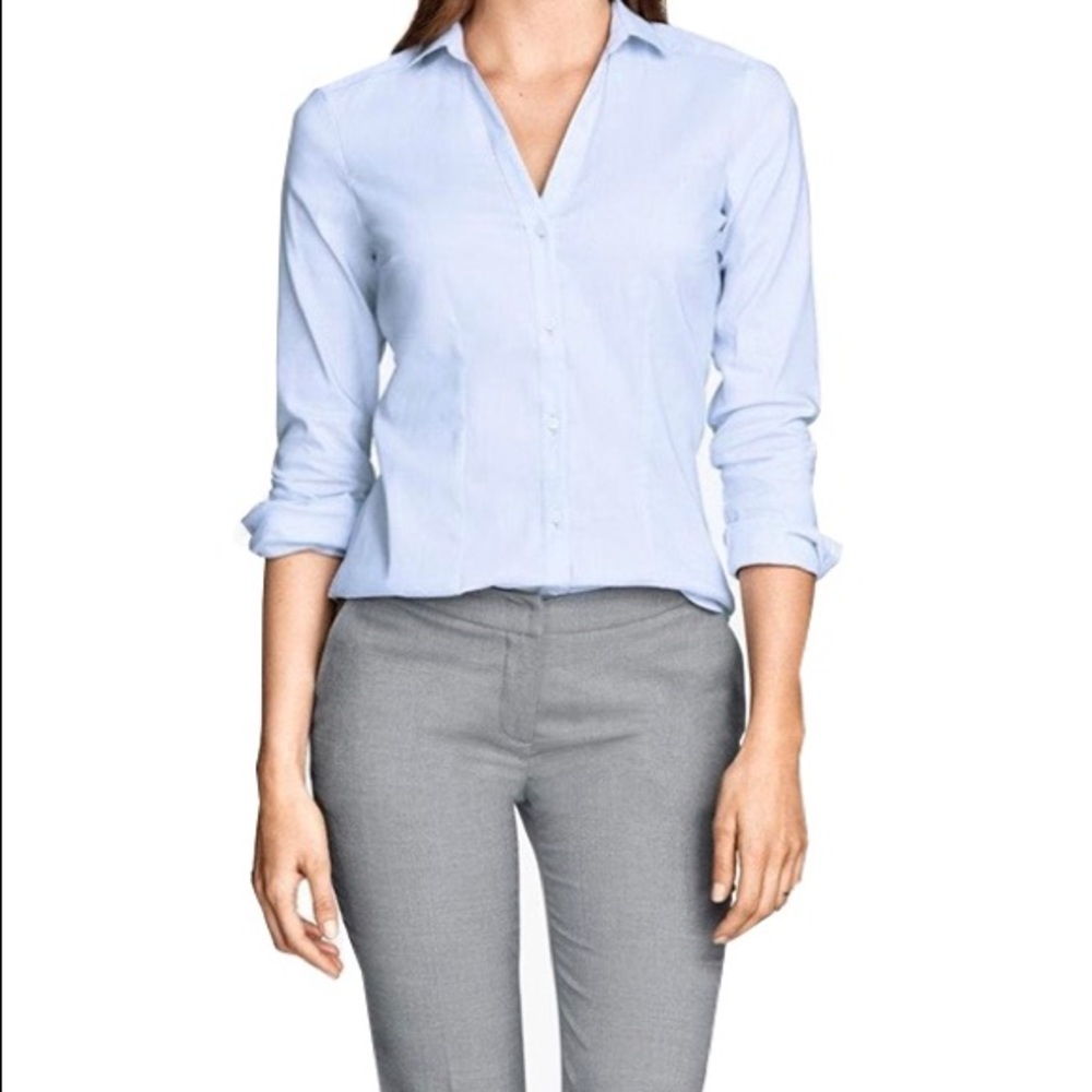 H&M Button Up Cotton Stretch Light Blue Shirt NWT